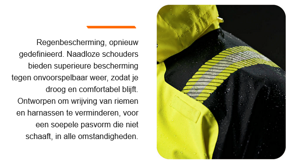 Close-up van een geel en zwart werkjack met waterdruppels op het oppervlak. Het materiaal is waterdicht en de naadloze schouders verminderen de wrijving, voor meer comfort en bescherming bij slecht weer. Er is een link die naar de PW3™-collectie leidt.