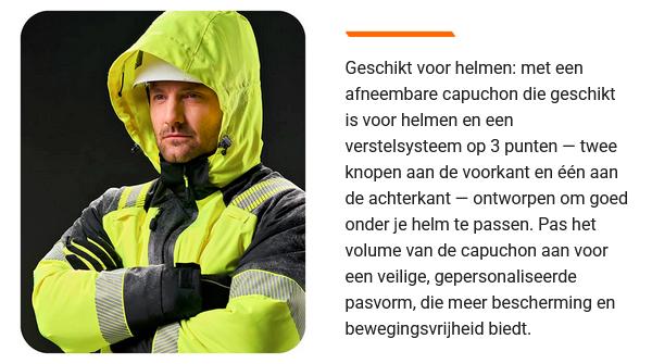 Een man met een baard draagt ​​een geel-zwart werkjack met reflecterende elementen en een groene capuchon. De capuchon is helmcompatibel, afneembaar en voorzien van een 3-punts verstelsysteem voor een optimale pasvorm. Naast de afbeelding staat een tekst over de helmcompatibiliteit van de PW3™-collectie. Er is een link die naar de PW3™-collectie leidt.