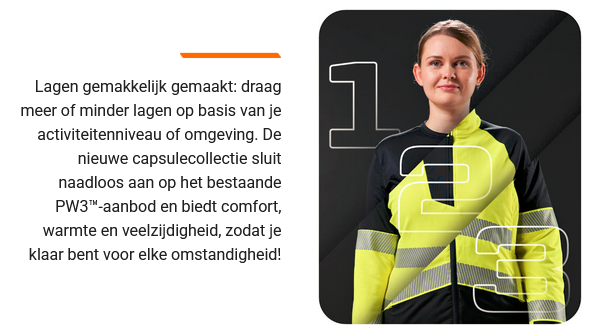 Opname van een vrouw in gele veiligheidskleding die recht in de camera kijkt. De cijfers 1, 2 en 3 staan ​​op de voorgrond van de foto. Naast de afbeelding staat een informatietekst over de mogelijkheid om kleding uit de PW3™-collectie in laagjes te dragen. Er is een link die naar de PW3™-collectie leidt.