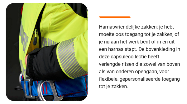 Een arbeider draagt ​​een geel-zwarte werkjas met reflecterende strepen en een klimgordel. De jas is voorzien van riemvriendelijke zakken met verlengde ritsen voor flexibele toegang. Naast de afbeelding staat informatie over harnasvriendelijke tassen. Er is een link die naar de PW3™-collectie leidt.