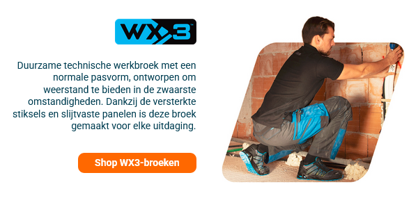 Korte introductie tot de WX3-collectie met een afbeelding van een metselaar in zwarte en grijsblauwe werkkleding die metingen verricht aan een ongepleisterde bakstenen muur. Er is een link naar de WX3-collectie beschikbaar.