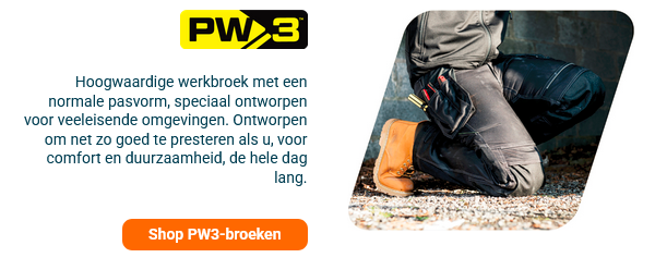 Korte introductie tot de PW3-collectie met een close-up van een arbeider in zwarte werkkleding en beige laarzen die knielt op de grindgrond. Er is een link naar de PW3-collectie opgenomen.