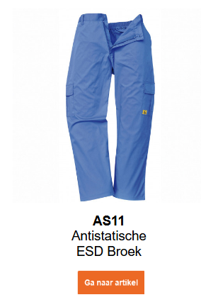 Afbeelding van de AS11 Antistatische ESD-broek in blauw. Er is een link naar het artikel opgenomen.