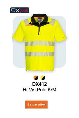 Afbeelding van het DX4 Hi-Vis poloshirt met korte mouwen en rits aan de voorkant, DX412, in geel met reflecterende strepen en zwart-gele details. Een link naar het artikel is beschikbaar.
