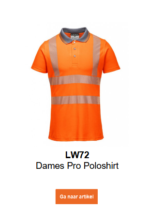 Afbeelding van het Pro Hi-Vis poloshirt voor dames, LW72, in oranje met reflecterende strepen en een grijze kraag. Een link naar het artikel is beschikbaar.