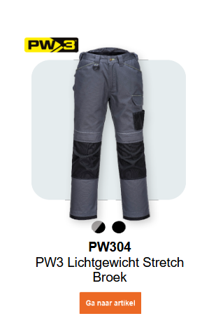 Afbeelding van de PW3 Stretchbroek PW304 in grijs met zwarte details. Er is een link naar het artikel beschikbaar.