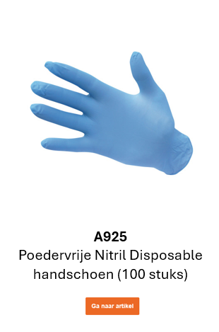 Afbeelding van de Nitril wegwerphandschoen A925 in blauw. Een link naar de productpagina is bijgevoegd.