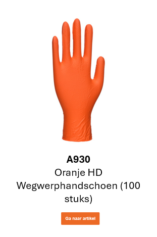Afbeelding van de Orange HD wegwerphandschoen A930 in oranje. Een link naar de productpagina is bijgevoegd.