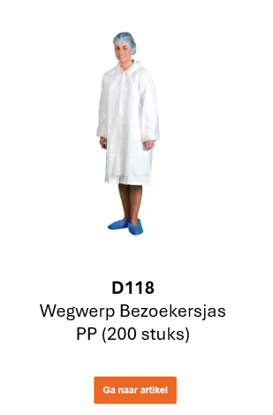 Afbeelding van de wegwerp bezoekersjas PP D118 in wit. Een link naar de productpagina is bijgevoegd.