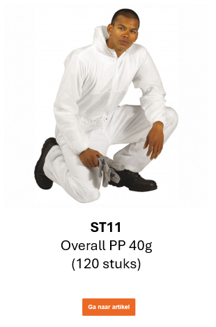 Afbeelding van de overall PP 40g ST11 in wit. Een link naar de productpagina is bijgevoegd.
