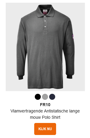 Voorbeeldafbeelding van het FR10 vlamvertragende, antistatische poloshirt met lange mouwen in grijs met een gekoppelde link naar het artikel.