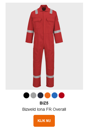 Voorbeeldafbeelding van de Bizweld Iona FR overall BIZ5 in rood met een link naar het item.