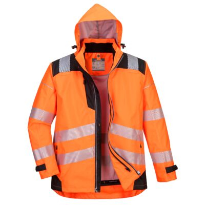 Afbeelding van de PW3 high-visibility 3-in-1 jas in oranje met zwarte details.