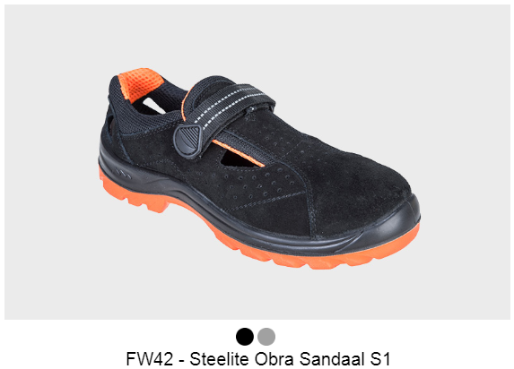 Afbeelding van de FW42 Steelite Obra sandaal S1 in zwart met oranje details en zool. Verstrekte link naar het artikel.