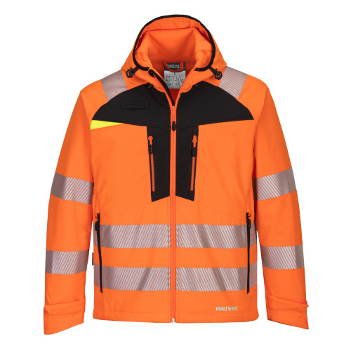 Afbeelding van de DX4 Hi-Vis Softshell Jacket DX475 in oranje met een link naar het artikel.