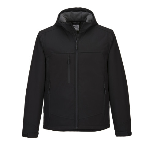 Afbeelding van het KX3 Softshell jack met capuchon KX362 in het zwart met een link naar het artikel.