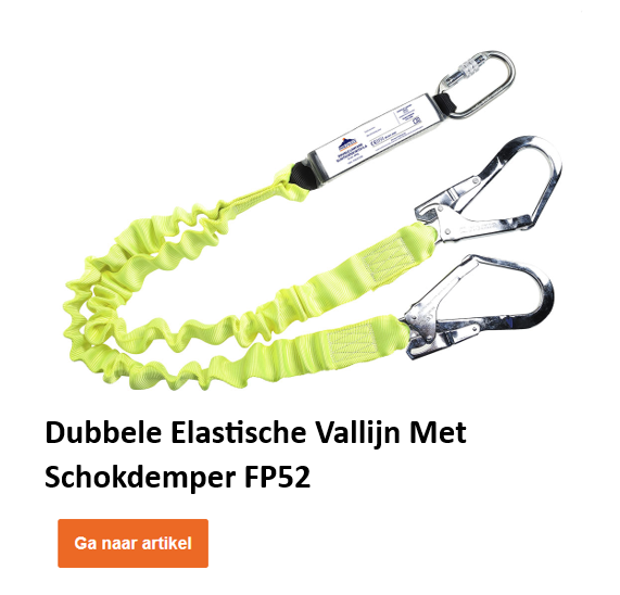 Elastische dubbele ketting met energieabsorber FP52 in de kleur geel met een oranje knop die naar het artikel leidt.