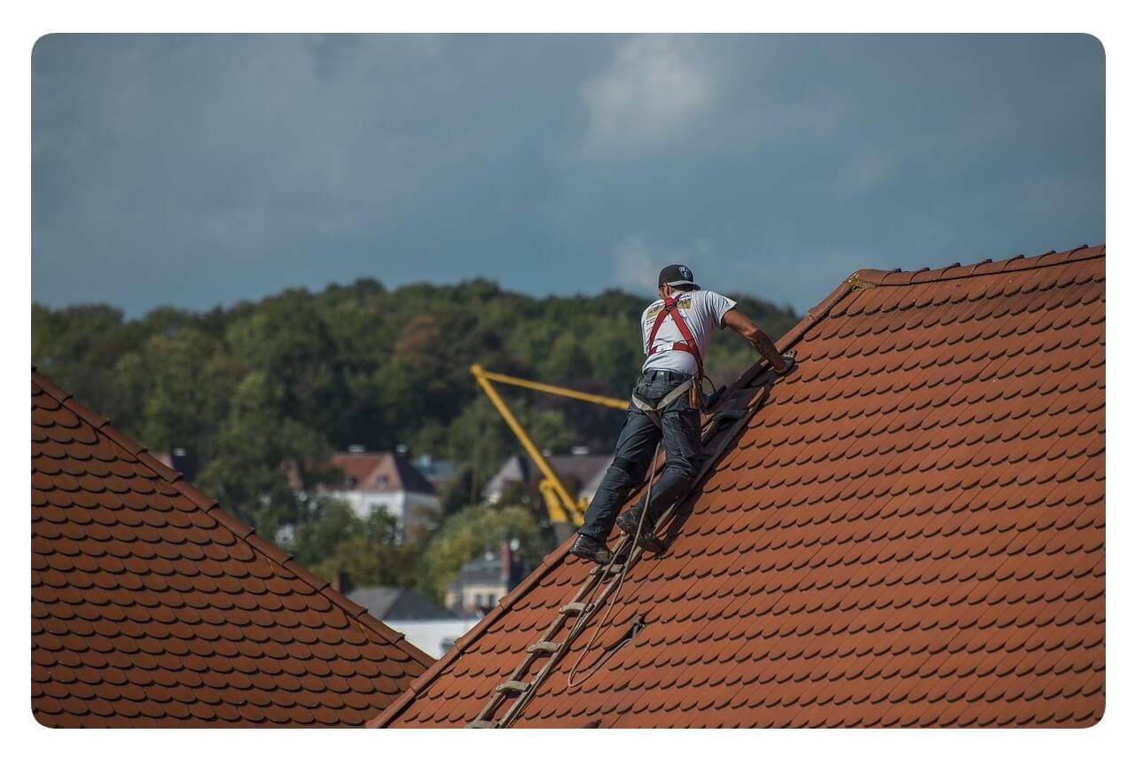 Een werknemer staat op een ladder op een rood dak. Hij is gezekerd met valbeveiliging.