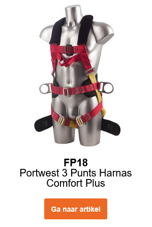 Afbeelding van het Portwest 3-punts harnas Plus FP18 in zwart, rood en geel op een pop. Link leidt naar de productpagina.