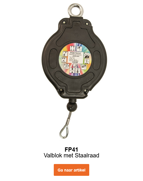 Afbeelding van het valstopapparaat met staalkabel 10m FP41 in zwart met zilveren ogen en staalkabel. Link leidt naar de productpagina.