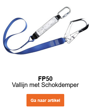 Afbeelding van de gordel-positioneringslijn met bandvaldemper FP50 in blauw met zilveren karabijnhaken. Link leidt naar de productpagina.