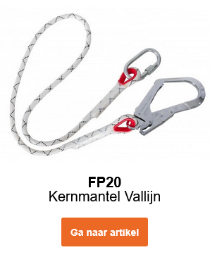 Afbeelding van de kernmantel-verbindingslijn FP20 in wit met grijze en rode details en zilveren karabijnhaken. Link leidt naar de productpagina.
