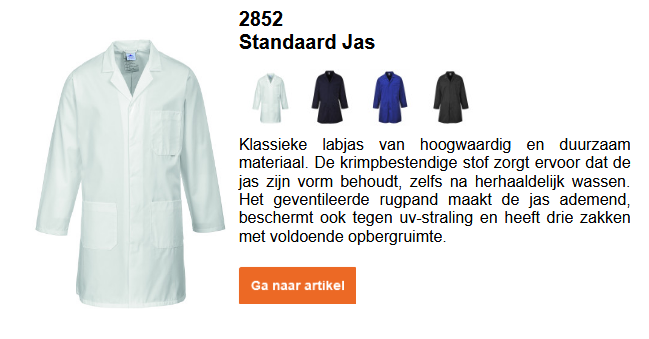 Afbeelding van de standaard 2852 werkjas in het wit, samen met een korte beschrijving van het artikel, die u kunt bekijken op de productpagina. Er is een link naar het product beschikbaar.