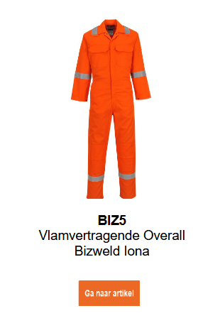 Afbeelding van de vlamvertragende Bizweld Iona BIZ5 overall in het oranje. Een link naar het artikel is beschikbaar.