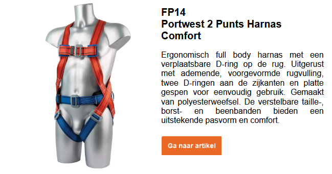 Afbeelding van het Portwest 2-punts comfort valbeveiligingsharnas FP14 in rood en blauw, samen met een korte productbeschrijving. Deze vindt u op de productpagina. Er is een link naar het product.