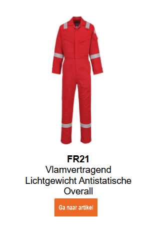 Afbeelding van de vlamvertragende, antistatische Bizflame 210g FR21 overall in het rood. Een link naar het artikel is beschikbaar.