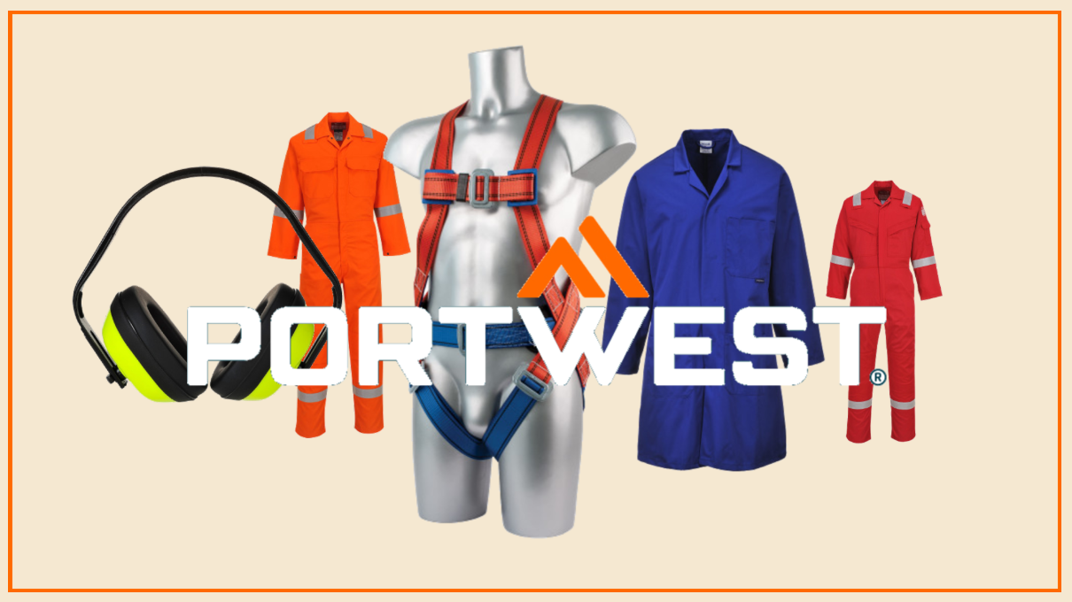 Een overzicht van onze meest gezochte producten (Bizflame 210g FR21 vlamvertragende, antistatische overall in rood, Portwest 2-punts comfortgordel FP14 in rood en blauw op een grijze kunststof torso, PW40 klassieke oorkappen in zwart en geel, 2852 standaard werkjas in blauw en Bizweld Iona BIZ5 vlamvertragende overall in oranje) op een beige achtergrond. Een oranje rechthoek omlijst de collage en het Portwest-logo in witte letters en met een oranje dubbele driehoek staat centraal voor de items.