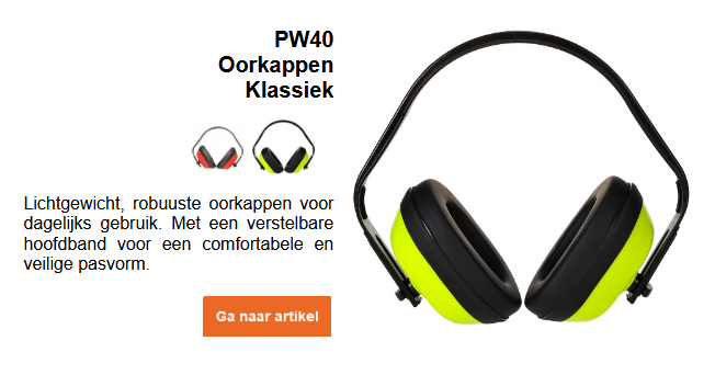 Afbeelding van de klassieke PW40 oorkappen in zwart en geel, samen met een korte beschrijving van het artikel. Deze is te bekijken op de productpagina. Er is een link naar het product beschikbaar.