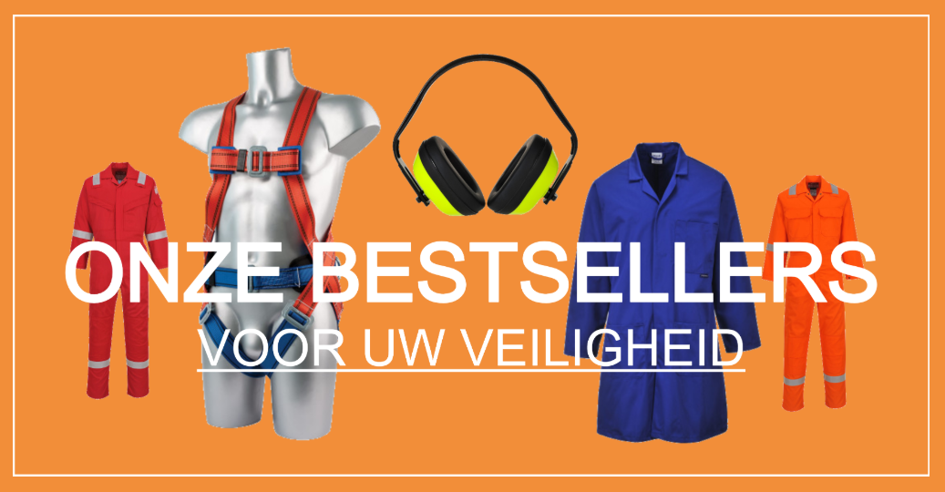 Een overzicht van onze meest gewilde producten (Bizflame 210g FR21 vlamvertragende, antistatische overall in rood, Portwest FP14 2-punts comfortgordel in rood en blauw op een grijze kunststof torso, PW40 klassieke oorkappen in zwart en geel, 2852 standaard werkjas in blauw en Bizweld Iona BIZ5 vlamvertragende overall in oranje) op een oranje achtergrond. Daarvoor staan ​​de woorden "Onze bestsellers voor uw veiligheid" in witte blokletters.