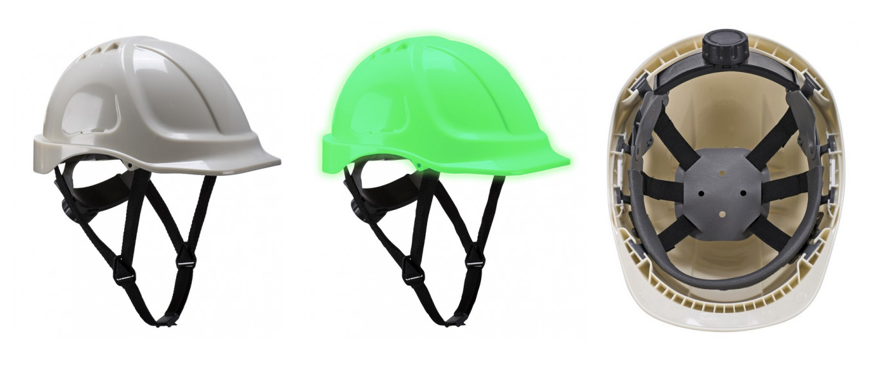Voorbeeldafbeelding van de Endurance Glowtex veiligheidshelm in drievoud: daglichtweergave van de witte helm, nachtweergave van de groene gloedhelm en binnenaanzicht kijkend naar de verstelbare bandjes. Een klik op de foto brengt u direct naar de artikelpagina van de helm.
