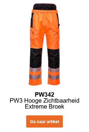 Afbeelding van de PW3 hoge zichtbaarheids-regenbroek Extreme PW342 in oranje met reflectiestrepen en zwarte details. Een link naar het artikel is toegevoegd.