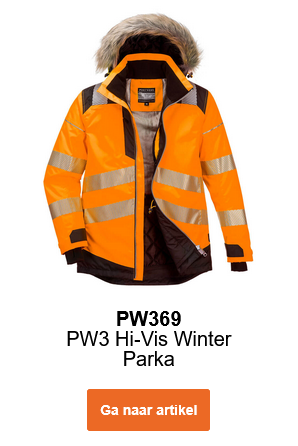 Afbeelding van de PW3 hoge zichtbaarheids-winterparka PW369 in oranje met reflectiestrepen en zwarte details.