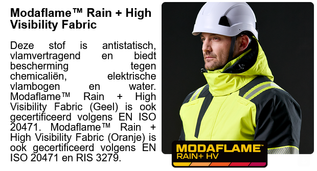 Modaflame regen- en hoge zichtbaarheidsbescherming: symbool met uitleg.