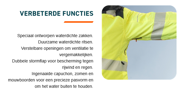 Afbeelding van een persoon die een gele regenjas met reflecterende strepen draagt ​​en zijn arm op schouderhoogte naar buiten strekt, tegen een lichtblauwe achtergrond.
