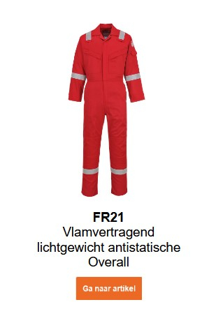 Afbeelding van de vlamvertragende, antistatische Bizflame 210g FR21 overall in het rood. Een link naar de productpagina vindt u hier.