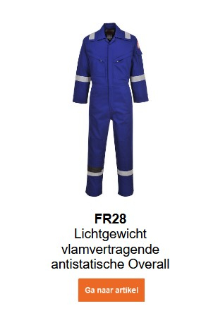 Afbeelding van de vlamvertragende, antistatische Bizflame 280g FR28 overall in het blauw. Een link naar de productpagina vindt u hier.