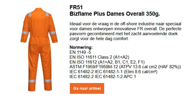 Afbeelding van de Bizflame Plus damesoverall 350g FR51 in oranje. Een link naar de productpagina is beschikbaar.