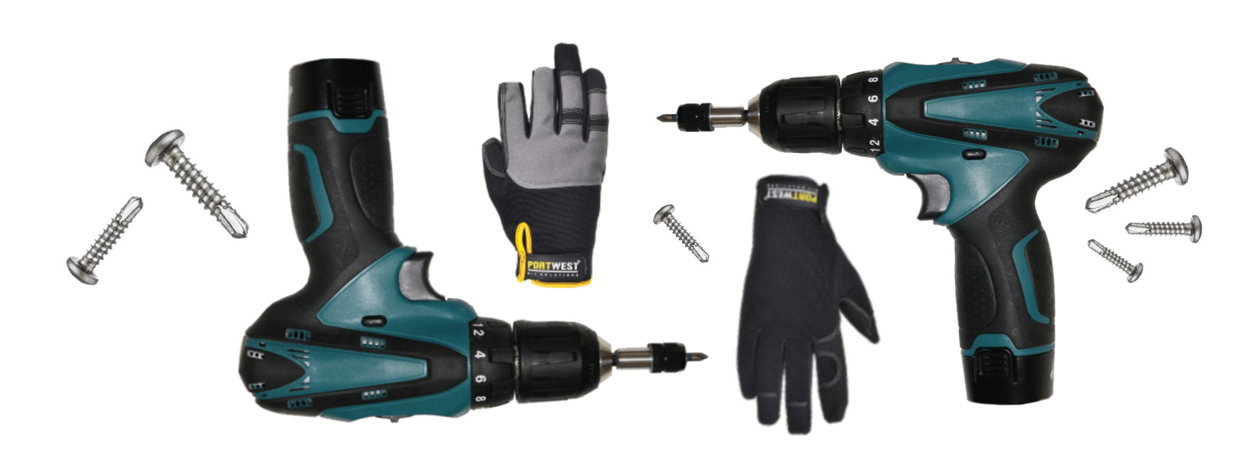 Collage van accuschroefmachines, de hoogwaardige handschoenen A700 en A740 en enkele schroeven