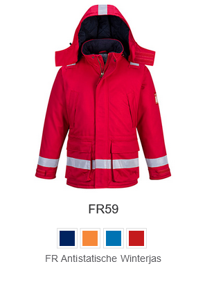 Voorbeeldafbeelding van de antistatische winterjas FR59 in rood met een link naar het artikel.