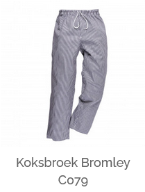 Voorbeeldafbeelding van de Bromley C079 koksbroek in blauw geruit met een link naar het artikel.