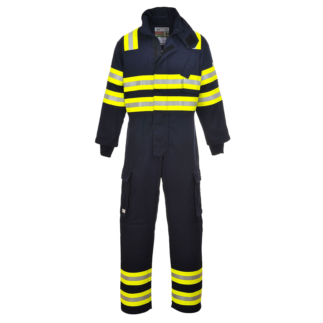 Vlamvertragende Bizflame overall bosbrand FR98 in de kleur blauw met gele waarschuwingsstrepen en reflecterende strepen. Link naar artikel verstrekt.