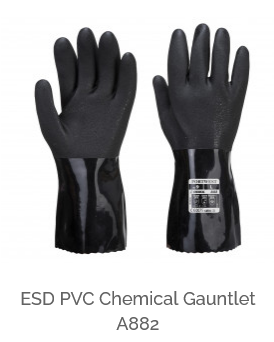 ESD PVC chemisch beschermende handschoenen A882 in zwart met een link naar het artikel.