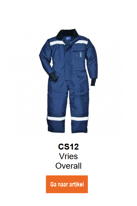 Afbeelding van de koelhuisoverall CS12 in blauw met reflectiestrepen.