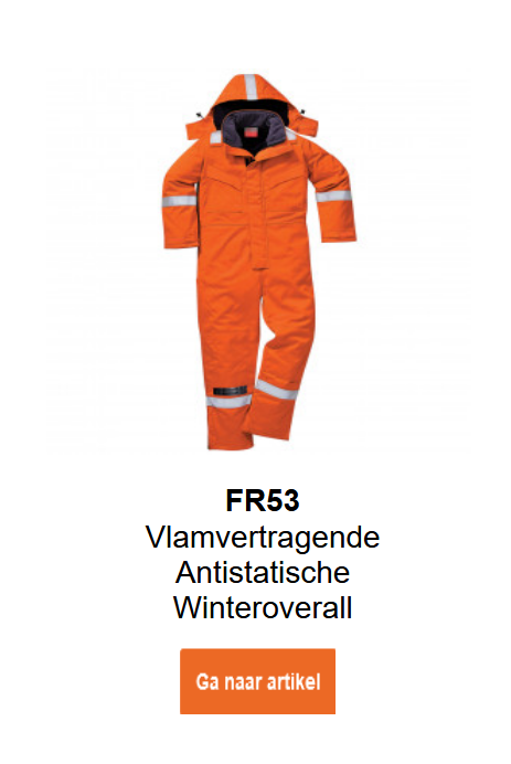 Afbeelding van de vlamvertragende, antistatische winteroverall Bizflame FR53 in oranje met reflectiestrepen.