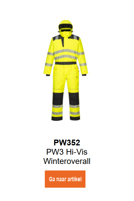 Afbeelding van de PW3 high-visibility winteroverall PW352 in geel met zwarte details en reflectiestrepen.