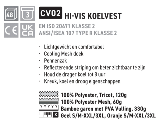 Beschrijving van de eigenschappen van het CV02 hogezichtbaarheidskoelvest met link naar het artikel. Als u de link volgt, vindt u de beschrijvingen in detail.